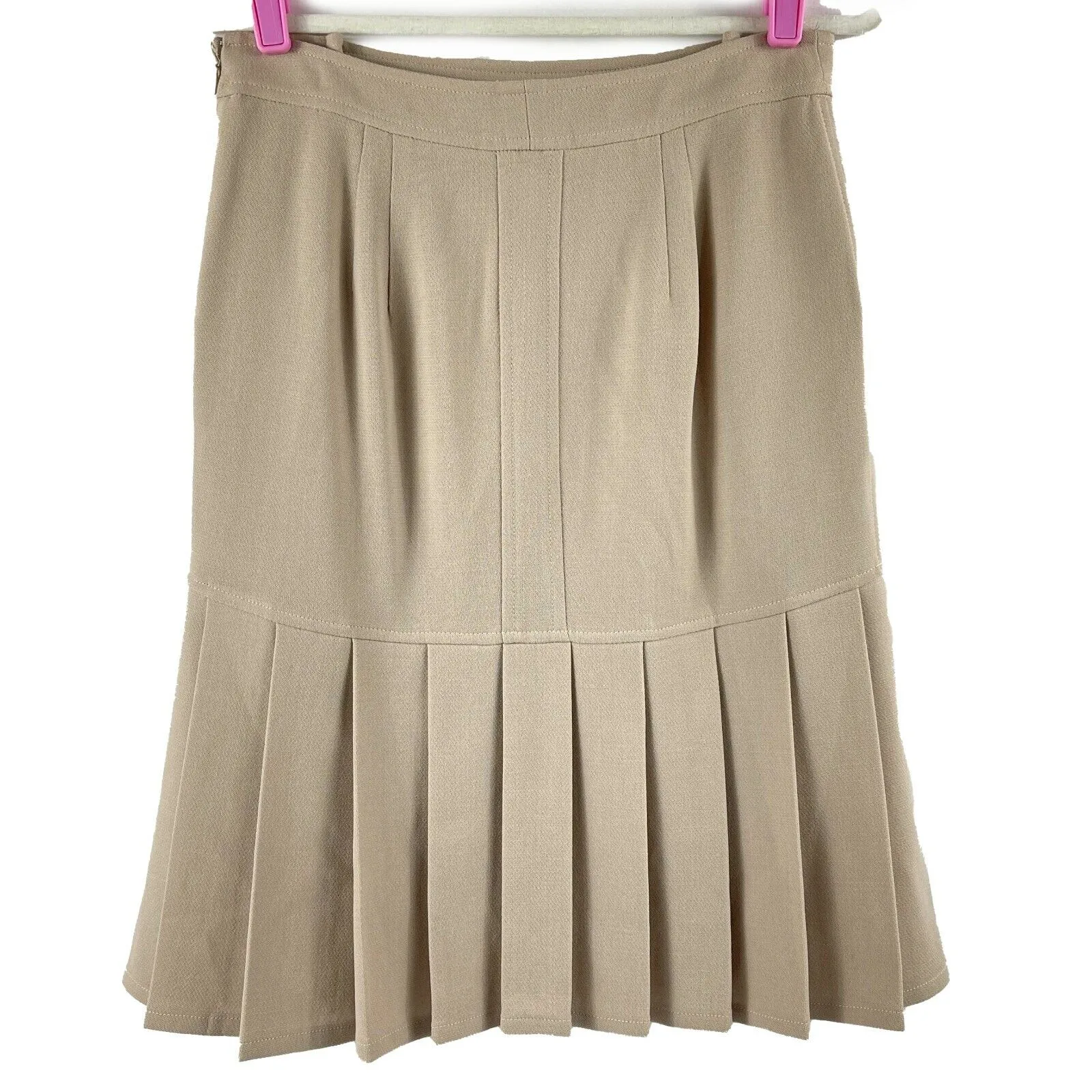 CHANEL - Wool Pleated Midi Pencil Beige Tan Skirt 03P- 42 US 10