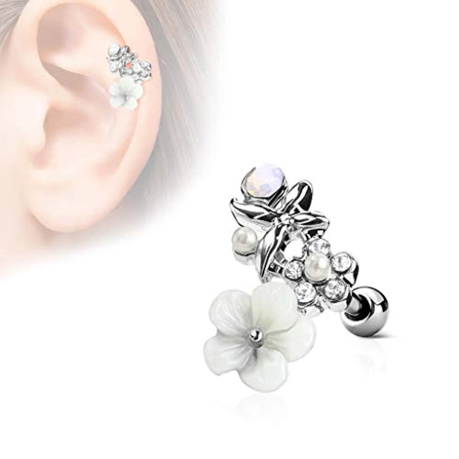 CZ and Clay Flowers Curve Top 316L Surgical Steel WildKlass Ear Cartilage Barbell Studs