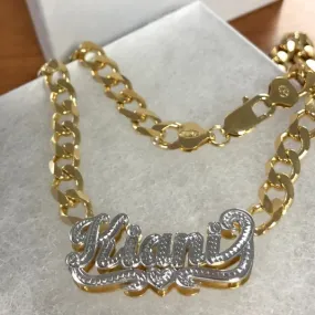 Double Plated Nameplate Necklace on Thick Cuban Chain