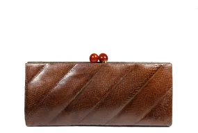 Elongated patchwork snakeskin clutch bakelite clasp