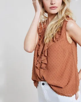 Final Sale - Contemporary Swiss Dot Ruffle Front Blouse Tank Top in Milk Tea