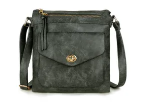 LARGE DARK GREY TURN LOCK MULTI COMPARTMENT CROSS BODY SHOULDER BAG WITH LONG STRAP