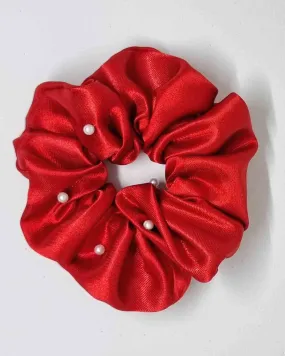 Scrunchie Glam Satin Perlas Rojo