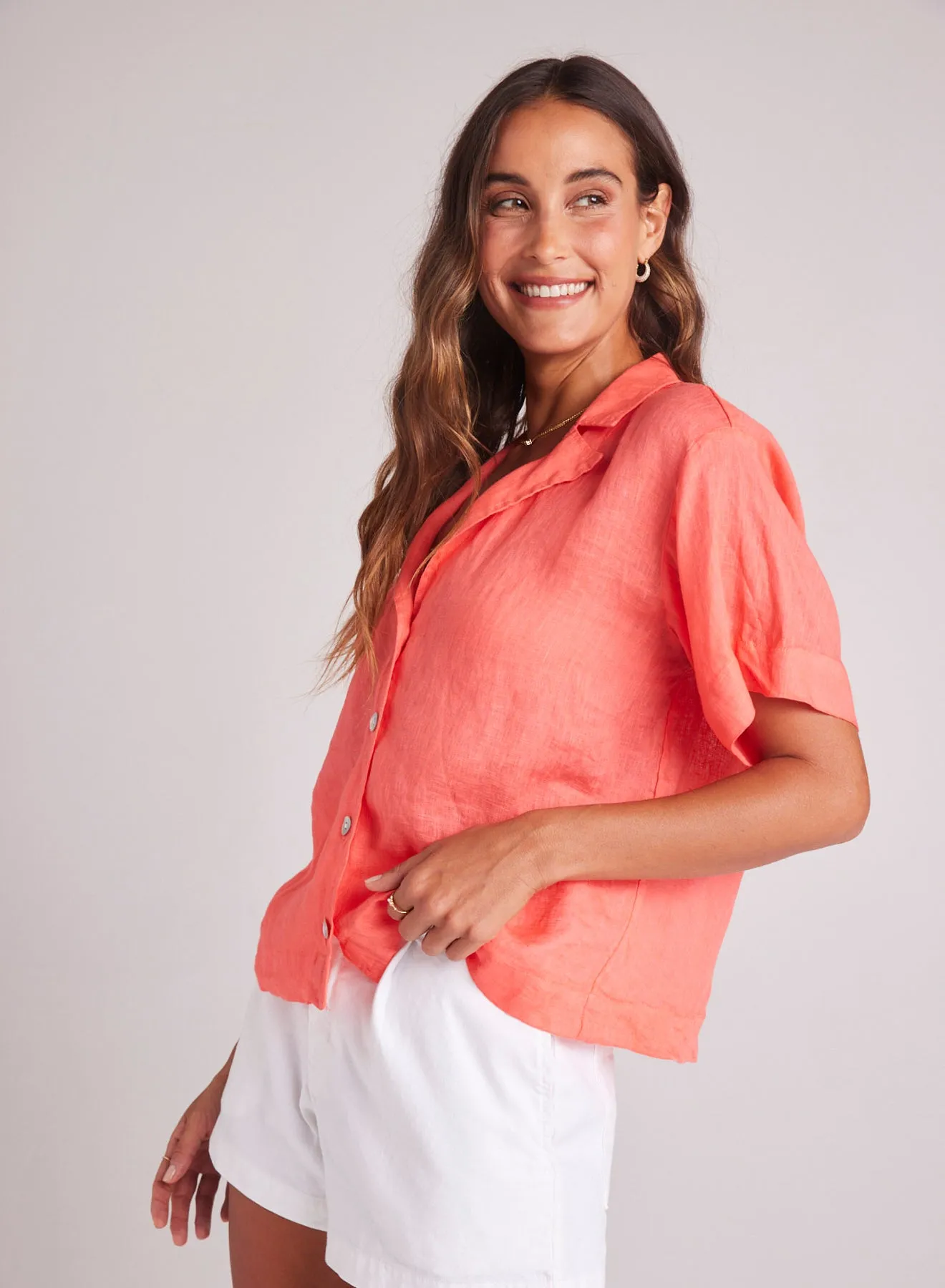 Short Sleeve Flowy Button Down - Hibiscus Bloom