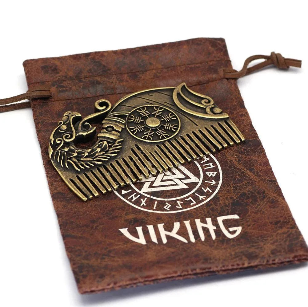 Viking Beard Comb Drakkar with Vegvisir Symbol