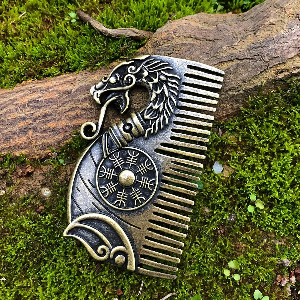 Viking Beard Comb Drakkar with Vegvisir Symbol