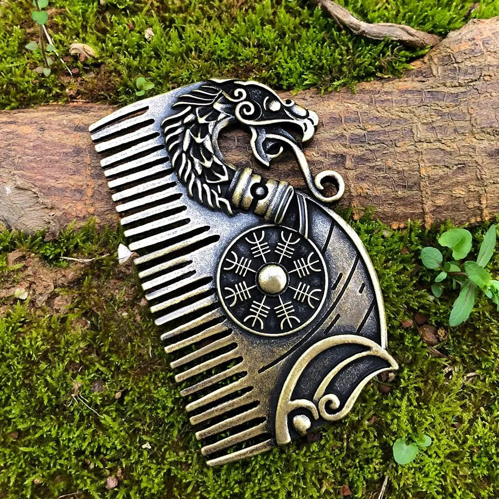 Viking Beard Comb Drakkar with Vegvisir Symbol