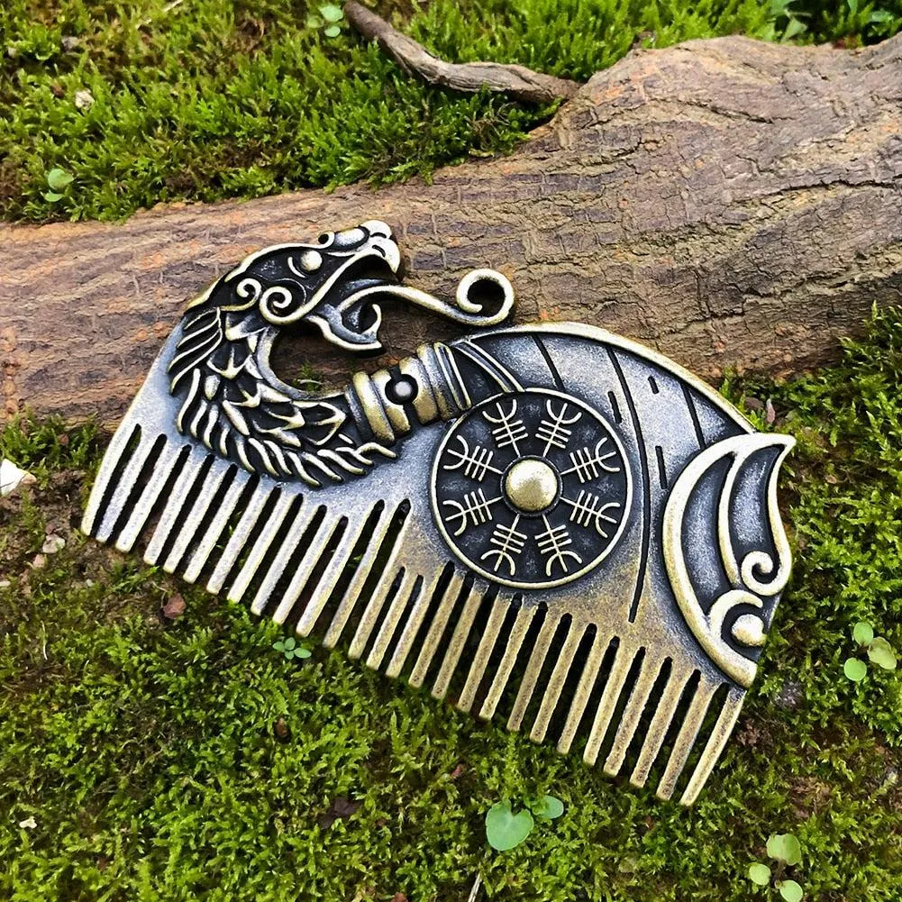 Viking Beard Comb Drakkar with Vegvisir Symbol